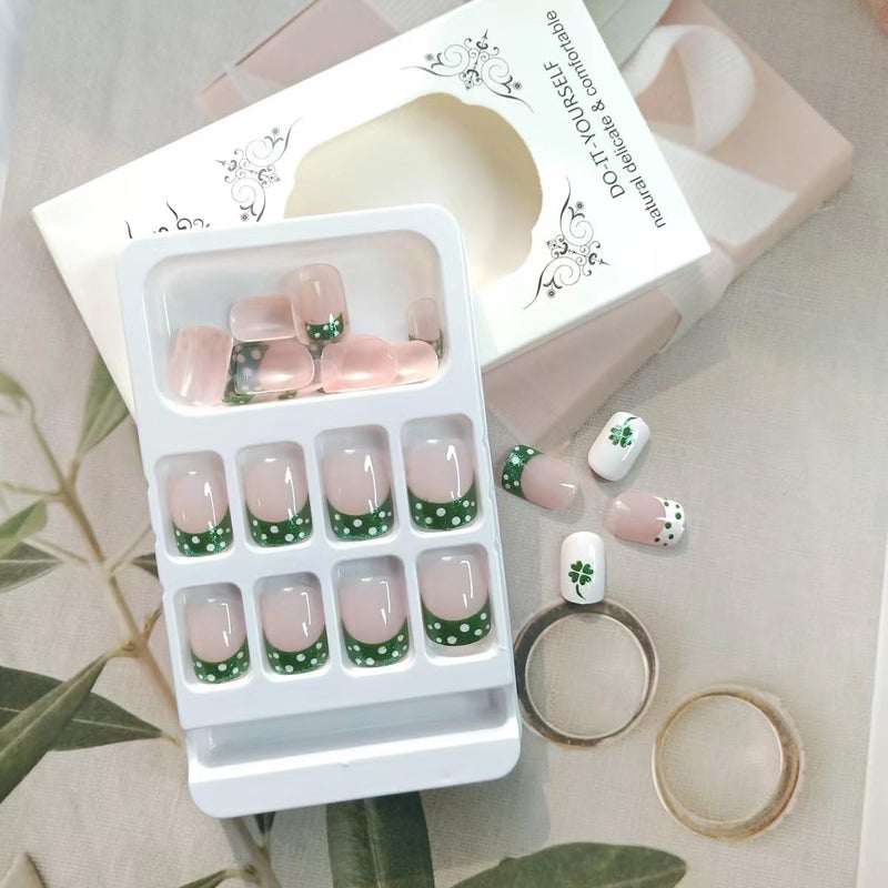 KRTBKR St Patrick's Day Press on Nails Short Square Fake Nails White Dots with Green Glitter Full Cover Tip Stick on Nails Shamrock Nude Nails Designs Glue on Nails Acrylic False Nails for Women DIY Irish - Image 3